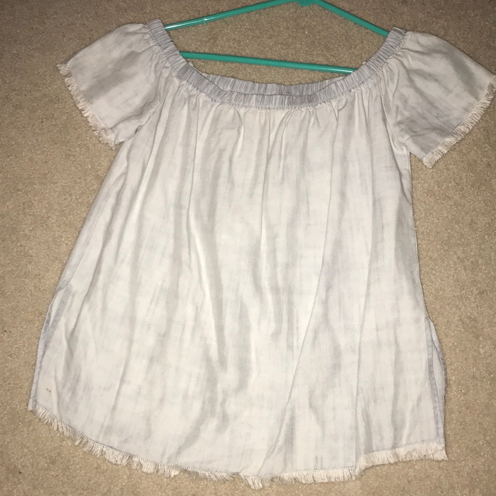 Fringed off the shoulder blue top